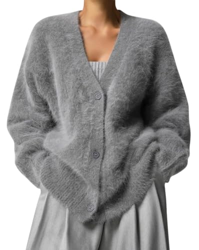 Minetom Strickjacke Damen Cardigan V-Ausschnitt Langarm Knopfleiste Pullover Oberteil Strickmantel Elegant Warm Fleece Pulli Jacke Tops A Dunkelgrau M von Minetom