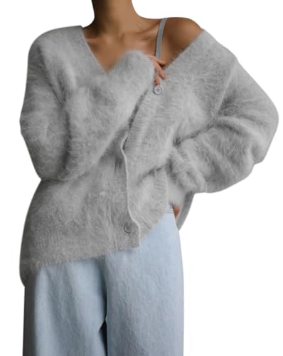 Minetom Strickjacke Damen Cardigan V-Ausschnitt Langarm Knopfleiste Pullover Oberteil Strickmantel Elegant Warm Fleece Pulli Jacke Tops A Grau M von Minetom