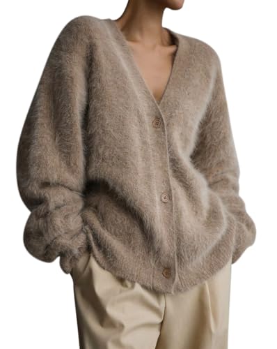 Minetom Strickjacke Damen Cardigan V-Ausschnitt Langarm Knopfleiste Pullover Oberteil Strickmantel Elegant Warm Fleece Pulli Jacke Tops A Khaki L von Minetom