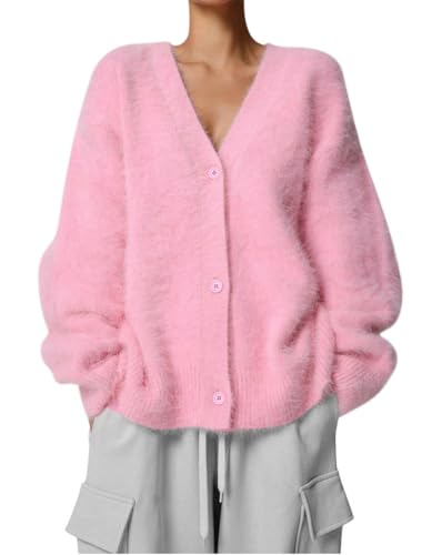 Minetom Strickjacke Damen Cardigan V-Ausschnitt Langarm Knopfleiste Pullover Oberteil Strickmantel Elegant Warm Fleece Pulli Jacke Tops A Rosa M von Minetom