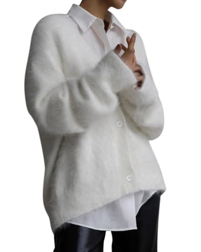 Minetom Strickjacke Damen Cardigan V-Ausschnitt Langarm Knopfleiste Pullover Oberteil Strickmantel Elegant Warm Fleece Pulli Jacke Tops A Weiß M von Minetom