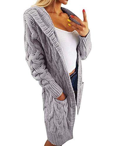 Minetom Strickjacke Damen Elegant Verdickte Lang Strickmantel mit Kapuze Herbst Winter Warm Lang Mantel mit Tasche Oversize Pullover Pulli Hoodie Outwear Cardigan Tops (Einheitsgröße (DE 34-44), Grau) von Minetom
