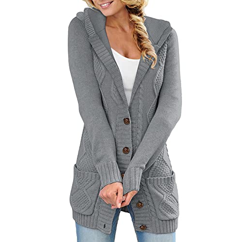 Minetom Strickjacke Damen Grobstrick Cardigan Lang Winter Damen Grobstrickjacke Strickmantel Knopfleiste Strickcardigan für Damen Kaputzenjacken Fleecejacke mit Kapuze und Taschen A Dunkelgrau XL von Minetom