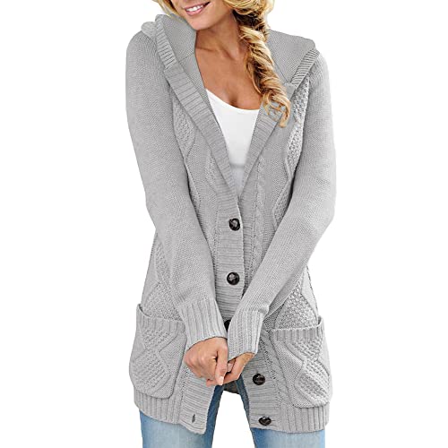 Minetom Strickjacke Damen Grobstrick Cardigan Lang Winter Damen Grobstrickjacke Strickmantel Knopfleiste Strickcardigan für Damen Kaputzenjacken Fleecejacke mit Kapuze und Taschen A Grau XL von Minetom