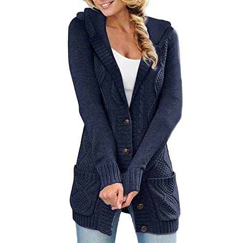 Minetom Strickjacke Damen Grobstrick Cardigan Lang Winter Damen Grobstrickjacke Strickmantel Knopfleiste Strickcardigan für Damen Kaputzenjacken Fleecejacke mit Kapuze und Taschen A Navy blau S von Minetom