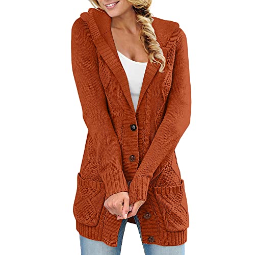 Minetom Strickjacke Damen Grobstrick Cardigan Lang Winter Damen Grobstrickjacke Strickmantel Knopfleiste Strickcardigan für Damen Kaputzenjacken Fleecejacke mit Kapuze und Taschen A Orange S von Minetom