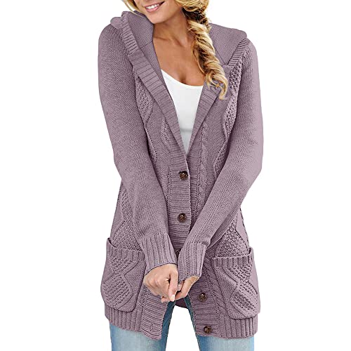 Minetom Strickjacke Damen Grobstrick Cardigan Lang Winter Damen Grobstrickjacke Strickmantel Knopfleiste Strickcardigan für Damen Kaputzenjacken Fleecejacke mit Kapuze und Taschen A Violett XXL von Minetom