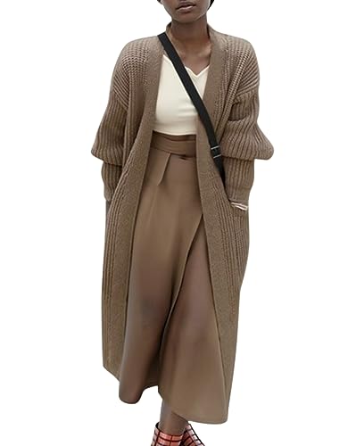 Minetom Strickjacke Damen Grobstrick Cardigan Lang Winter Grobstrickjacke Langarm Strickmantel Strickcardigan Offener Große Größen Übergangsjacke Wintermäntel Mit Taschen A Braun XL von Minetom