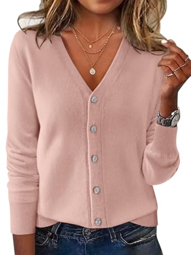 Minetom Strickjacke Damen Kurz Trachtenjacke Mit Knöpfen V Ausschnitt Leichte Klassisch Cardigan Sommer Dünne Übergangsjacke A Rosa M von Minetom