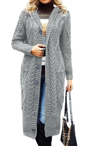 Minetom Strickjacke Lang Damen Gestrickt Cardigan Übergangsjacke Strickmantel Herbst Winter Pullover Oversize Mantel mit Knöpfen Taschen A Grau XXL von Minetom