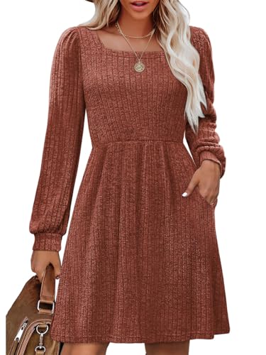 Minetom Strickkleid Damen Herbst Leichte Langarm Kleider A Linie Pulloverkleid Karree Ausschnitt Winterkleid Knielang Minikleid Mit Taschen B Braun L von Minetom