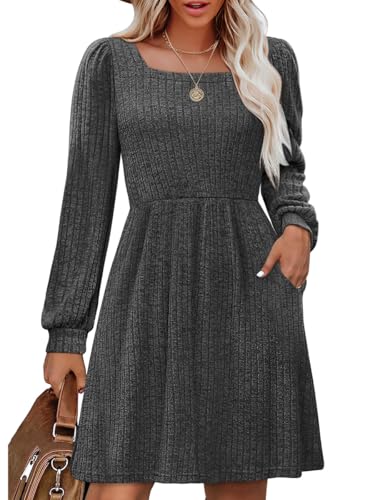 Minetom Strickkleid Damen Herbst Leichte Langarm Kleider A Linie Pulloverkleid Karree Ausschnitt Winterkleid Knielang Minikleid Mit Taschen B Dunkelgrau M von Minetom