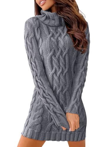Minetom Strickkleid Damen Rollkragen Elegant Langarm Tunika Pullikleid Lang Strickpullover Minikleid Pullover Für Herbst Winter Jumper Kleid Sweater Dress B Grau S von Minetom