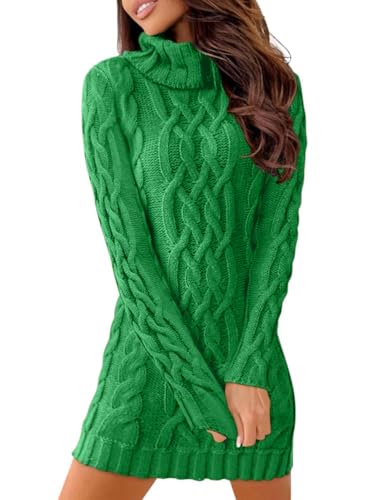 Minetom Strickkleid Damen Rollkragen Elegant Langarm Tunika Pullikleid Lang Strickpullover Minikleid Pullover Für Herbst Winter Jumper Kleid Sweater Dress B Grün XS von Minetom