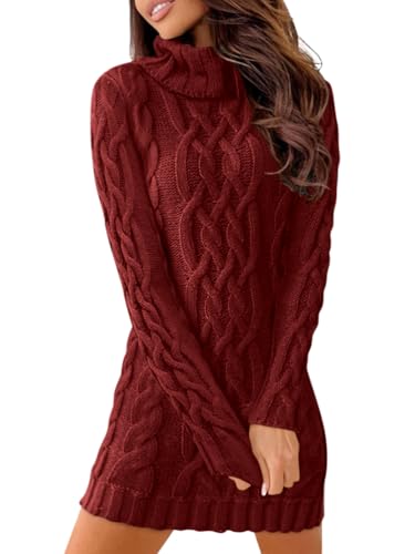Minetom Strickkleid Damen Rollkragen Elegant Langarm Tunika Pullikleid Lang Strickpullover Minikleid Pullover Für Herbst Winter Jumper Kleid Sweater Dress B Rot XS von Minetom