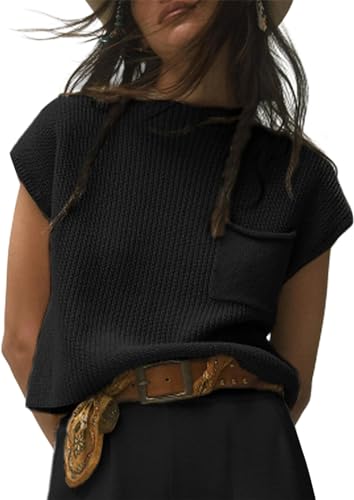 Minetom Strickpullover Damen Pullover Kurzarm Rundhals Knit Sweater Casual Lose Fit Rollkragenpullover Damen Strick T-Shirt Batwing Grobstrickpullover Strickpulli mit Tasche A Schwarz M von Minetom