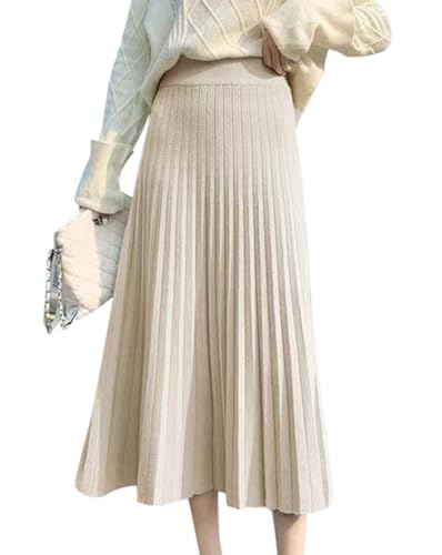 Minetom Strickrock Damen Herbst Winter Stricken Lange Röcke Hohe Taille Elegant Elastisch Einfarbig A-Linie Midi Rock Faltenrock B Beige M von Minetom