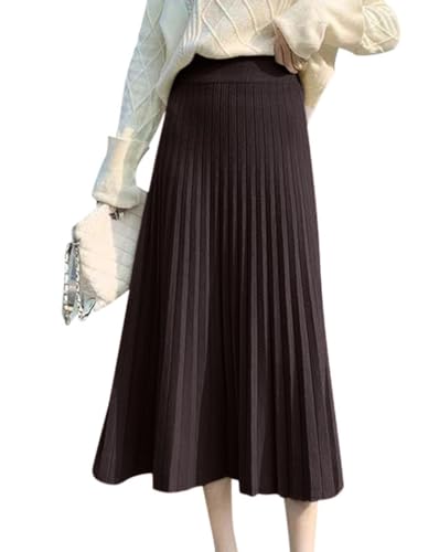 Minetom Strickrock Damen Herbst Winter Stricken Lange Röcke Hohe Taille Elegant Elastisch Einfarbig A-Linie Midi Rock Faltenrock B Braun XS von Minetom