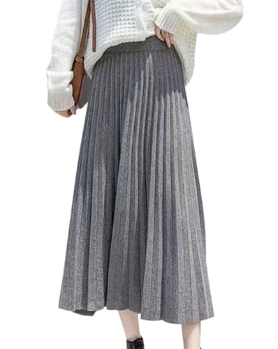 Minetom Strickrock Damen Herbst Winter Stricken Lange Röcke Hohe Taille Elegant Elastisch Einfarbig A-Linie Midi Rock Faltenrock B Grau L von Minetom