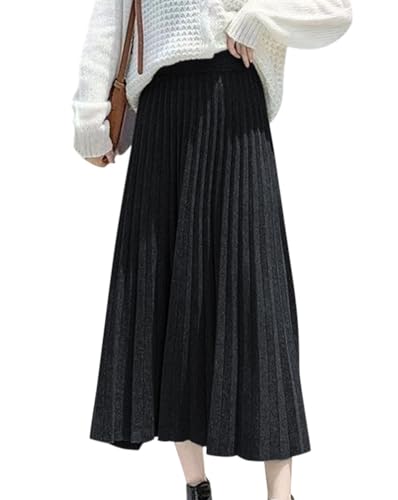 Minetom Strickrock Damen Herbst Winter Stricken Lange Röcke Hohe Taille Elegant Elastisch Einfarbig A-Linie Midi Rock Faltenrock B Schwarz L von Minetom