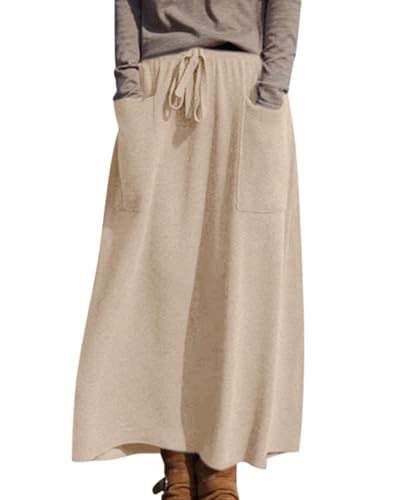 Minetom Strickrock Damen Herbst Winter Stricken Lange Röcke Hohe Taille Elegant Elastisch Einfarbig A-Linie Midi Rock mit Tasche C Beige S von Minetom