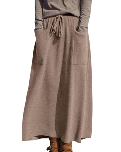 Minetom Strickrock Damen Herbst Winter Stricken Lange Röcke Hohe Taille Elegant Elastisch Einfarbig A-Linie Midi Rock mit Tasche C Khaki L von Minetom
