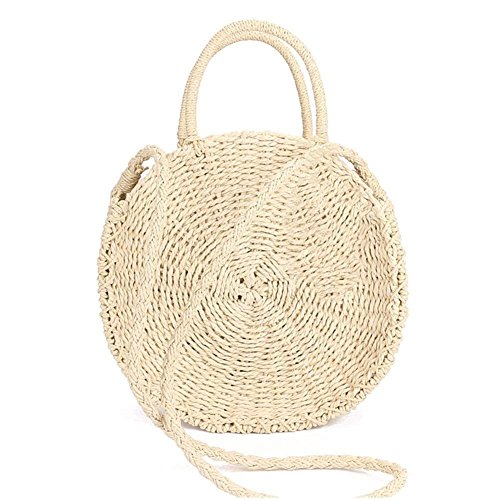 Minetom Stroh Crossbody Tasche Frauen Weben Umhängetasche Runde Sommer Strand Geldbörse und Handtaschen B Beige 28x28x10 cm von Minetom