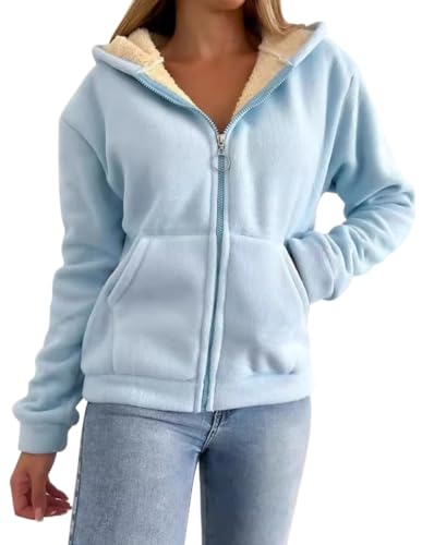 Minetom Sweatjacke Damen Kapuzenjacke Fleecejacke Winter Warm Fleece Gefüttert Kapuzenpullover Reißverschluss Hoodie Jacke Mantel Casual Sweatshirt mit Kapuze A Hellblau S von Minetom