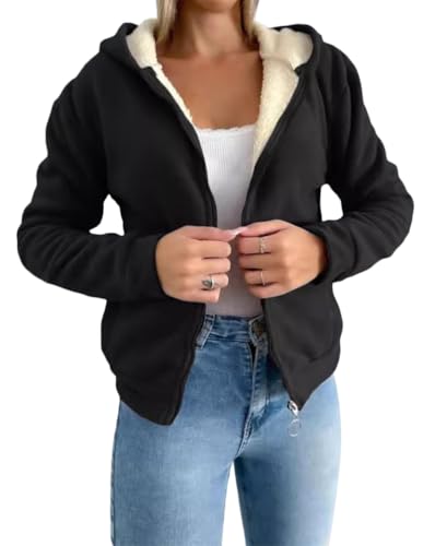 Minetom Sweatjacke Damen Kapuzenjacke Fleecejacke Winter Warm Fleece Gefüttert Kapuzenpullover Reißverschluss Hoodie Jacke Mantel Casual Sweatshirt mit Kapuze A Schwarz L von Minetom