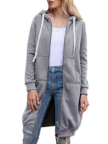 Minetom Sweatjacke Damen Kapuzenjacke Herbst Winter Warm Lang Kapuzenmantel Hoodies Kleider Sweatshirt Mit Kapuze Und Reißverschluss Kapuzenpullover Outwear Langen Mantel Jacke A Grau 3XL von Minetom