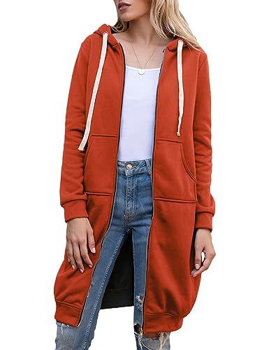 Minetom Sweatjacke Damen Kapuzenjacke Herbst Winter Warm Lang Kapuzenmantel Hoodies Kleider Sweatshirt Mit Kapuze Und Reißverschluss Kapuzenpullover Outwear Langen Mantel Jacke A Orange 3XL von Minetom