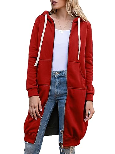 Minetom Sweatjacke Damen Kapuzenjacke Herbst Winter Warm Lang Kapuzenmantel Hoodies Kleider Sweatshirt Mit Kapuze Und Reißverschluss Kapuzenpullover Outwear Langen Mantel Jacke A Rot 3XL von Minetom