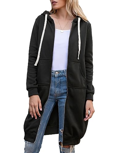 Minetom Sweatjacke Damen Kapuzenjacke Herbst Winter Warm Lang Kapuzenmantel Hoodies Kleider Sweatshirt Mit Kapuze Und Reißverschluss Kapuzenpullover Outwear Langen Mantel Jacke A Schwarz 3XL von Minetom