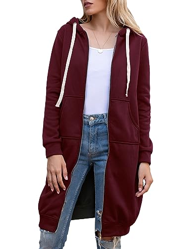 Minetom Sweatjacke Damen Kapuzenjacke Herbst Winter Warm Lang Kapuzenmantel Hoodies Kleider Sweatshirt Mit Kapuze Und Reißverschluss Kapuzenpullover Outwear Langen Mantel Jacke A Weinrot XXL von Minetom