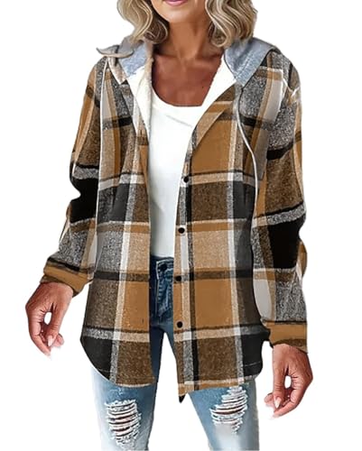Minetom Sweatjacke Damen Karierte Winterjacke Kapuzenjacke Kapuzenpullover mit Knöpfen Herbst Winter Warm Fleece Gefüttert Jacke Mantel A Braun L von Minetom