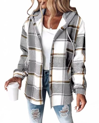 Minetom Sweatjacke Damen Karierte Winterjacke Kapuzenjacke Kapuzenpullover mit Knöpfen Herbst Winter Warm Fleece Gefüttert Jacke Mantel A Grau L von Minetom
