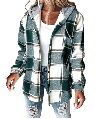Minetom Sweatjacke Damen Karierte Winterjacke Kapuzenjacke Kapuzenpullover mit Knöpfen Herbst Winter Warm Fleece Gefüttert Jacke Mantel A Grün S von Minetom