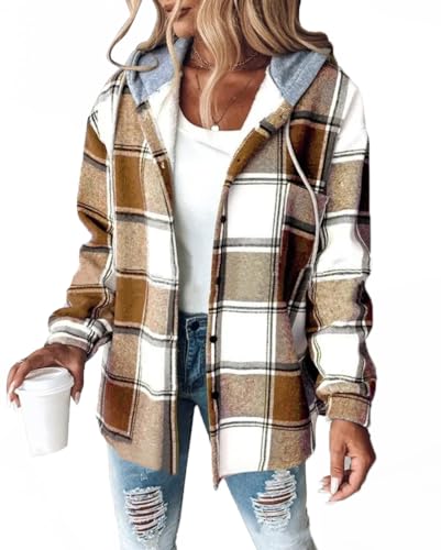 Minetom Sweatjacke Damen Karierte Winterjacke Kapuzenjacke Kapuzenpullover mit Knöpfen Herbst Winter Warm Fleece Gefüttert Jacke Mantel A Khaki XXL von Minetom