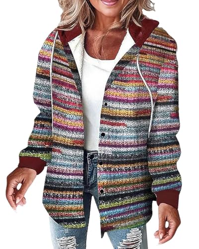 Minetom Sweatjacke Damen Karierte Winterjacke Kapuzenjacke Kapuzenpullover mit Knöpfen Herbst Winter Warm Fleece Gefüttert Jacke Mantel A Mehrfarbig 1 XL von Minetom