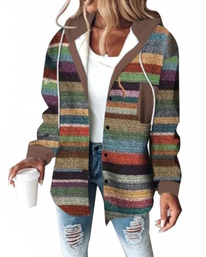 Minetom Sweatjacke Damen Karierte Winterjacke Kapuzenjacke Kapuzenpullover mit Knöpfen Herbst Winter Warm Fleece Gefüttert Jacke Mantel A Mehrfarbig 2 L von Minetom