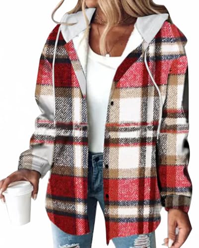 Minetom Sweatjacke Damen Karierte Winterjacke Kapuzenjacke Kapuzenpullover mit Knöpfen Herbst Winter Warm Fleece Gefüttert Jacke Mantel A Rot XL von Minetom