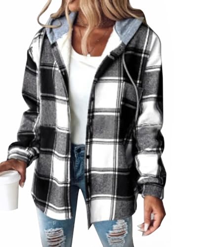 Minetom Sweatjacke Damen Karierte Winterjacke Kapuzenjacke Kapuzenpullover mit Knöpfen Herbst Winter Warm Fleece Gefüttert Jacke Mantel A Schwarz XS von Minetom