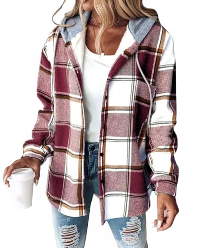 Minetom Sweatjacke Damen Karierte Winterjacke Kapuzenjacke Kapuzenpullover mit Knöpfen Herbst Winter Warm Fleece Gefüttert Jacke Mantel A Weinrot XL von Minetom