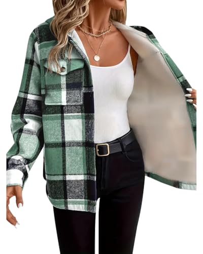 Minetom Sweatjacke Damen Karierte Winterjacke Kapuzenjacke Kapuzenpullover mit Knöpfen Herbst Winter Warm Fleece Gefüttert Jacke Mantel B Grün L von Minetom