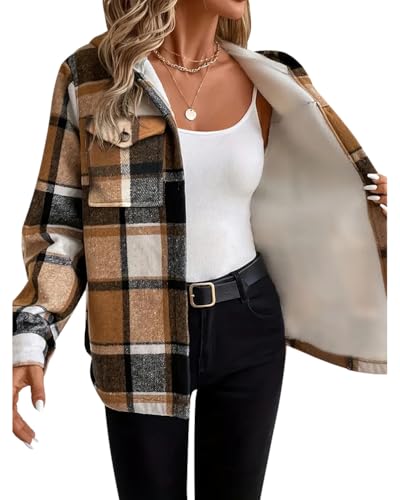 Minetom Sweatjacke Damen Karierte Winterjacke Kapuzenjacke Kapuzenpullover mit Knöpfen Herbst Winter Warm Fleece Gefüttert Jacke Mantel B Khaki M von Minetom