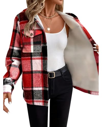 Minetom Sweatjacke Damen Karierte Winterjacke Kapuzenjacke Kapuzenpullover mit Knöpfen Herbst Winter Warm Fleece Gefüttert Jacke Mantel B Rot M von Minetom
