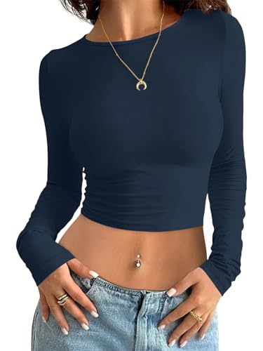 Minetom Sweatshirt Damen Langarmshirt Slim Fit Rundhals Langarm T-Shirt Y2K Tops Oberteile Einfarbig Basic Crop Top Casual Aesthetic Clothes Streetwear Sweatshirts Teenager Mädchen B Dunkelblau M von Minetom