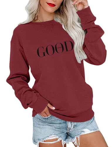 Minetom Sweatshirt Damen Pullover Herbst Winter Rundhals Langarmshirts Casual Pulli Basic Langarm Oberteile Frauen Sweatshirts ohne Kapuze A Rot M von Minetom