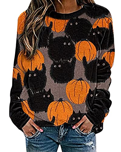 Minetom Sweatshirt Damen Pullover Rundhals Langarmshirt Halloween Kürbis Drucken Oberteil Tops Herbst Freizeit T-Shirts Bluse A1 Khaki M von Minetom