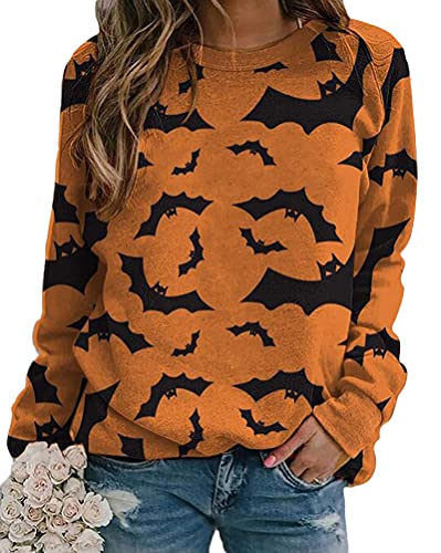 Minetom Sweatshirt Damen Pullover Rundhals Langarmshirt Halloween Kürbis Drucken Oberteil Tops Herbst Freizeit T-Shirts Bluse A2 Orange XXL von Minetom